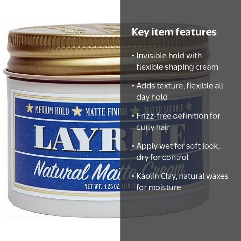 Layrite Natural Matte Cream, 4.25 oz, Water-based, All-day hold