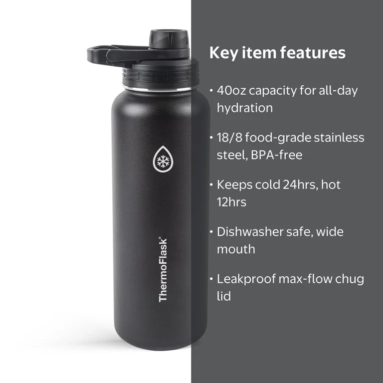 Thermoflask 40oz Stainless Steel Chug Water Bottle, Onyx - Walmart.com