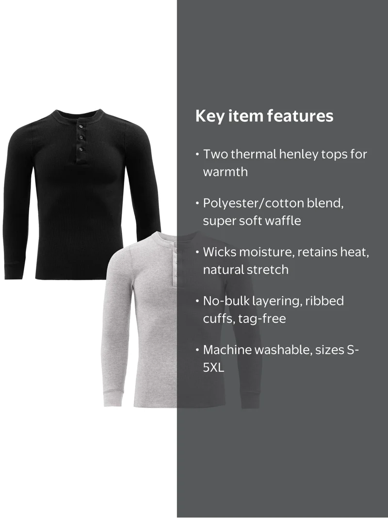 Fruit of the Loom Men's Thermal Waffle Henley Top, 2-Pack, Sizes S