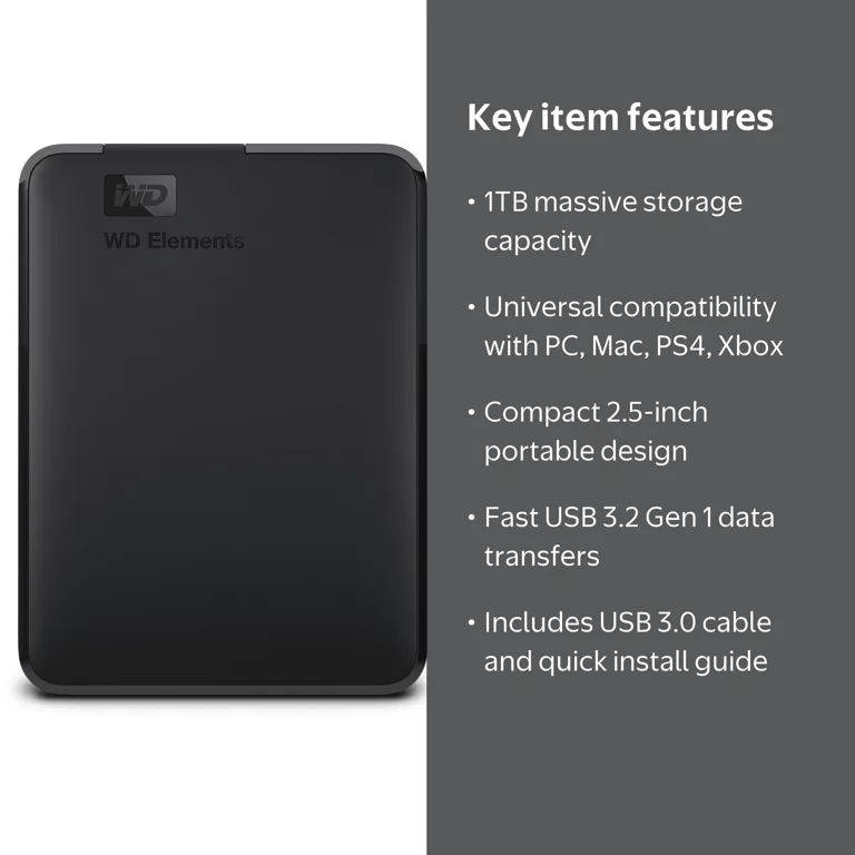 WD 1TB Elements Portable External HD - Fast Transfer, Compact