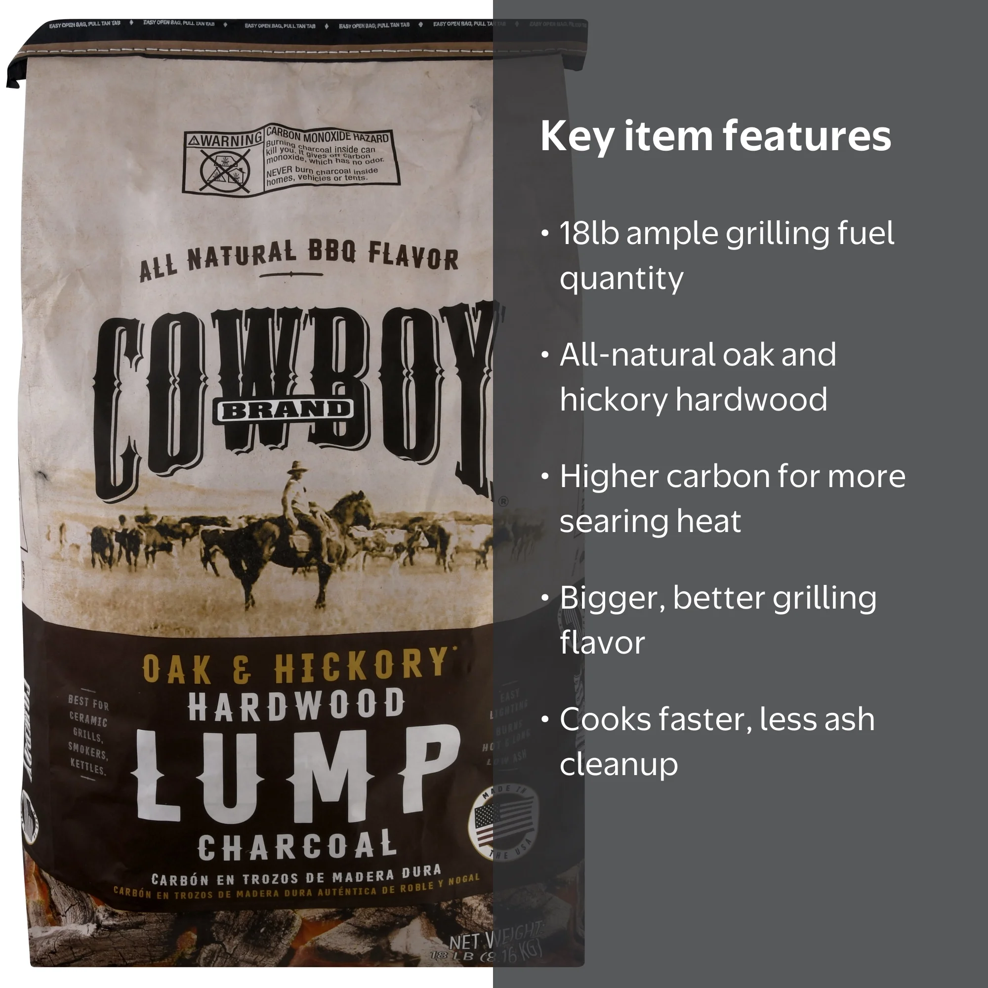 Cowboy, Oak & Hickory Lump Charcoal, 18LB, Hardwood for Grilling