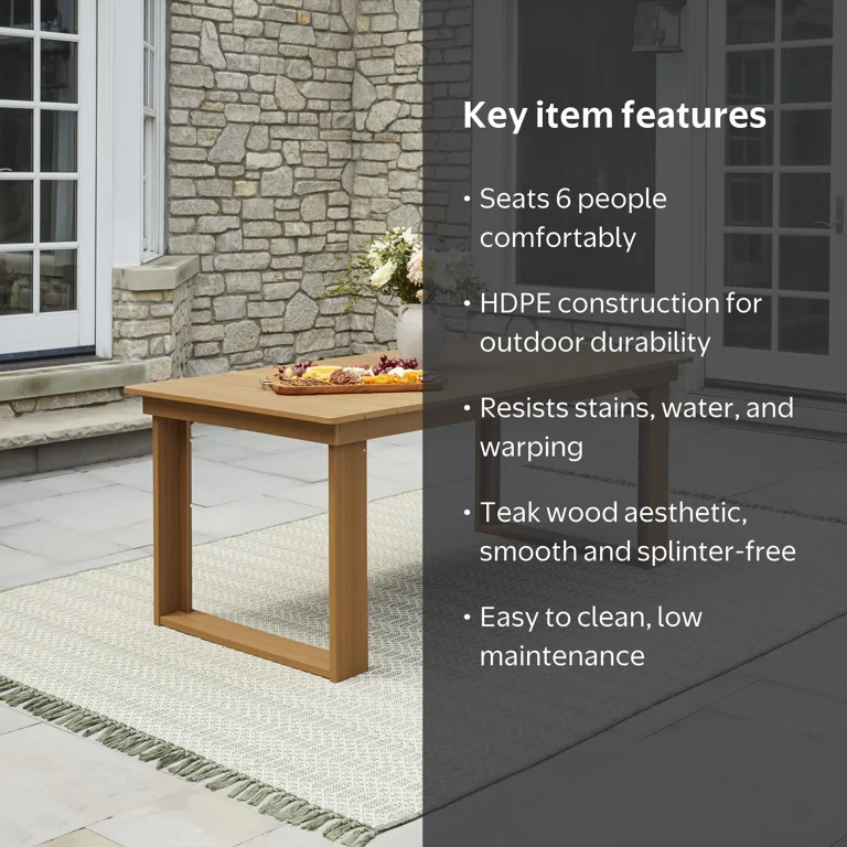 Better Homes & Gardens Ezra Outdoor HDPE Dining Table, Teak, Seats