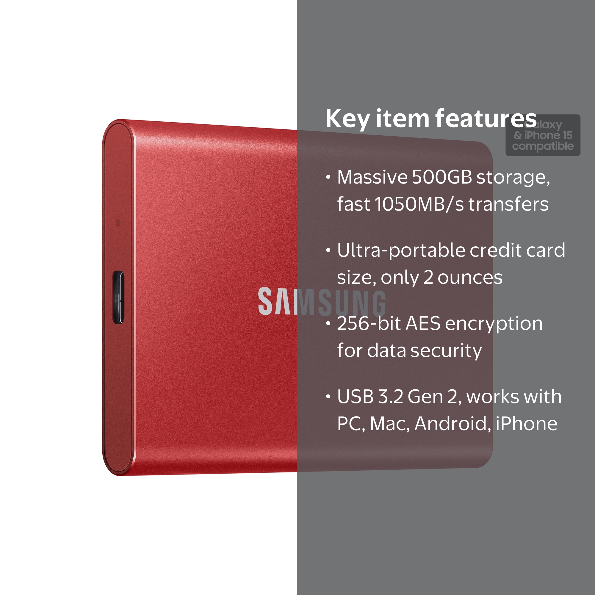 SAMSUNG Portable SSD T7 500GB USB 3.2 External - Red (MU-PC500R/AM