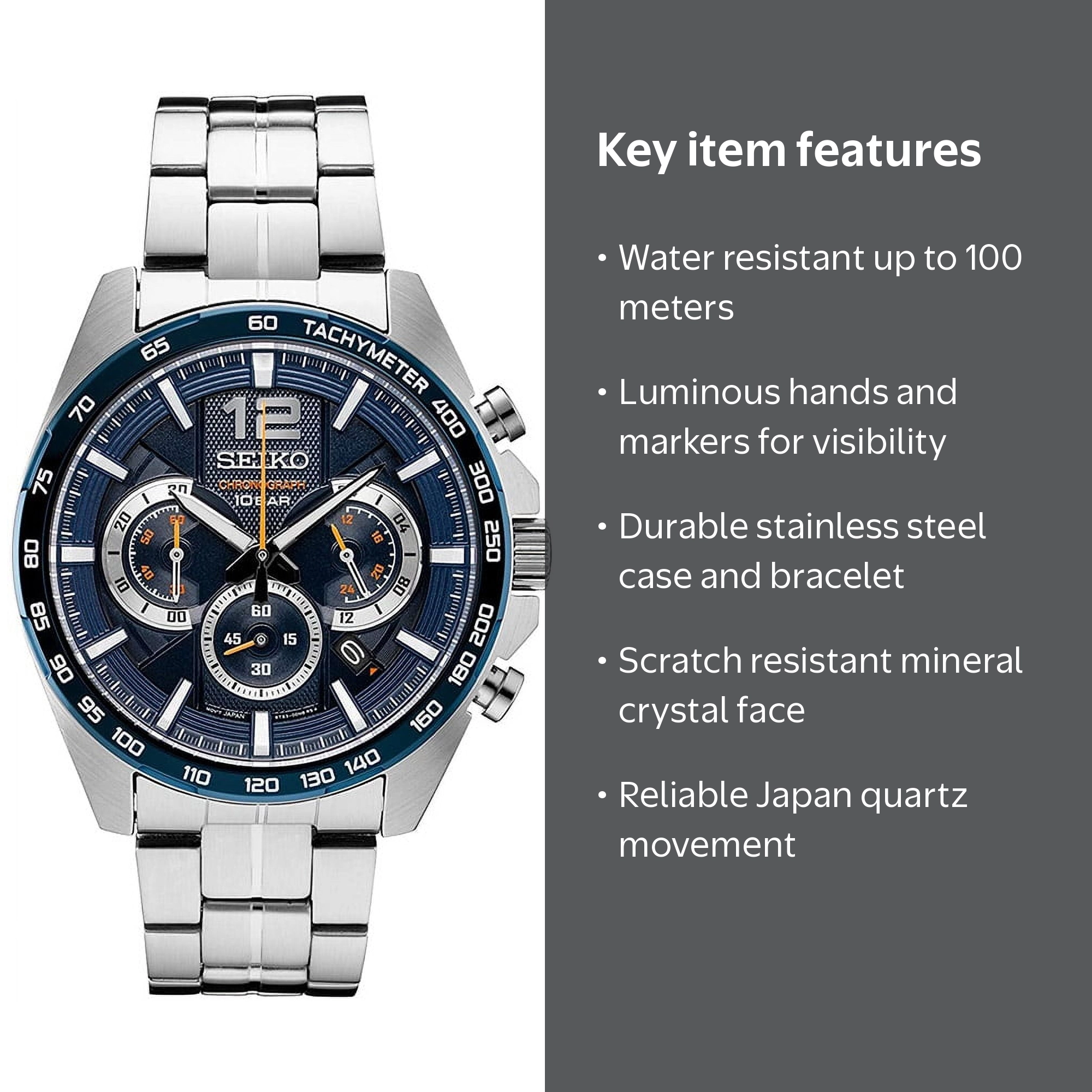 Seiko Men's Casual Watch, Japanese Quartz, Stainless Steel Strap