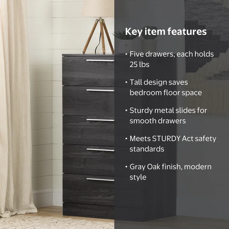 south shore dresser grey Step One Essential Contemporary 5-Drawers Gray Oak Gown with Crushed Sharara