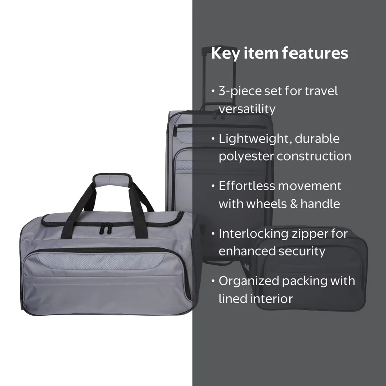 Protege, 3-Piece Softside Luggage Travel Set, Gray, Polyester
