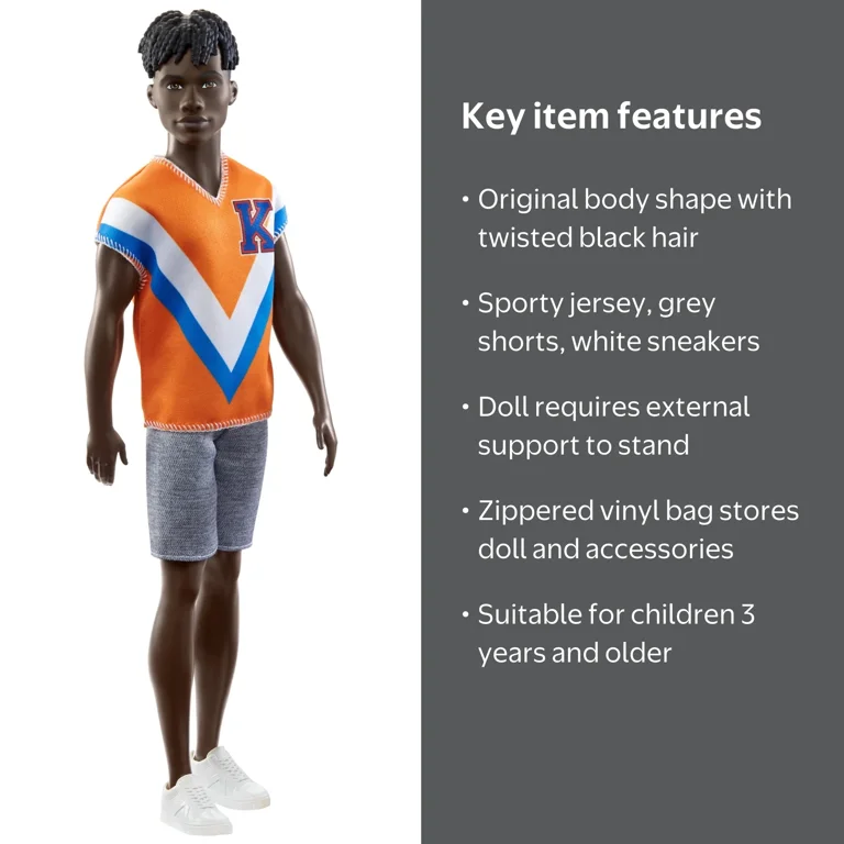 Barbie, Ken Fashion Doll, Orange Jersey, Twisted Black Hair