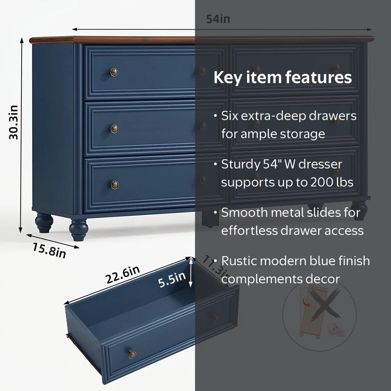 LELELINKY Rustic Modern Chest of 6 Drawers, 54