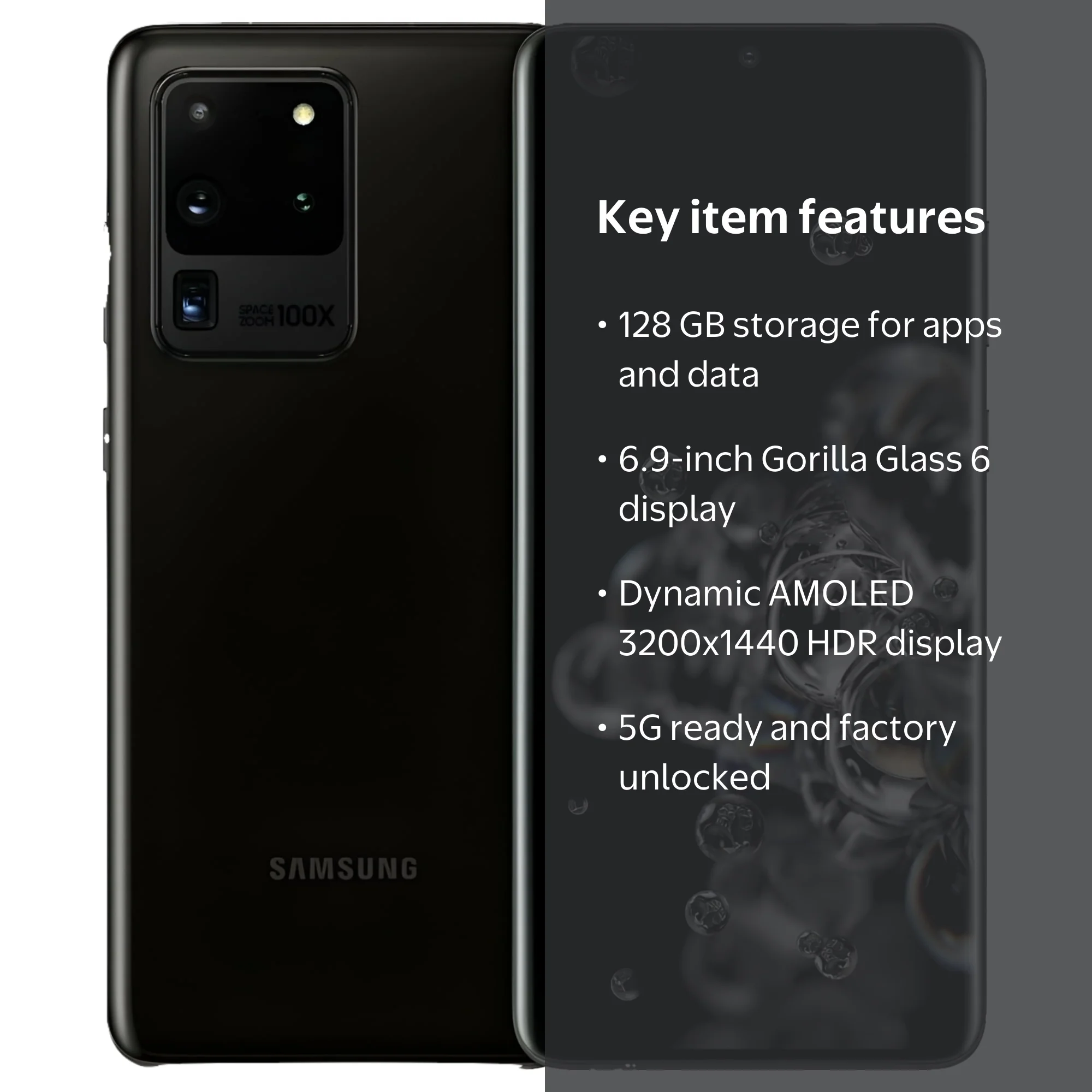 Samsung Galaxy S20 Ultra 5G, 128GB, Black, Factory Unlocked