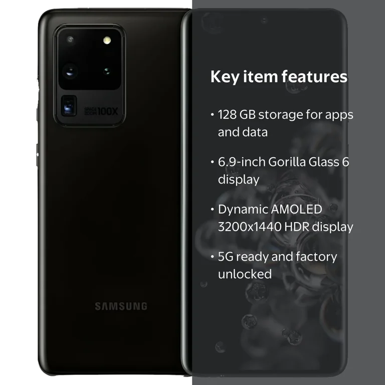 Samsung Galaxy S20 Ultra 5G, 128GB, Black, Factory Unlocked