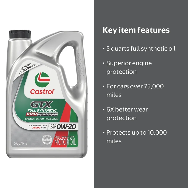 Castrol GTX Full Synthetic High Mileage 0W-20 Motor Oil, 5 Quarts