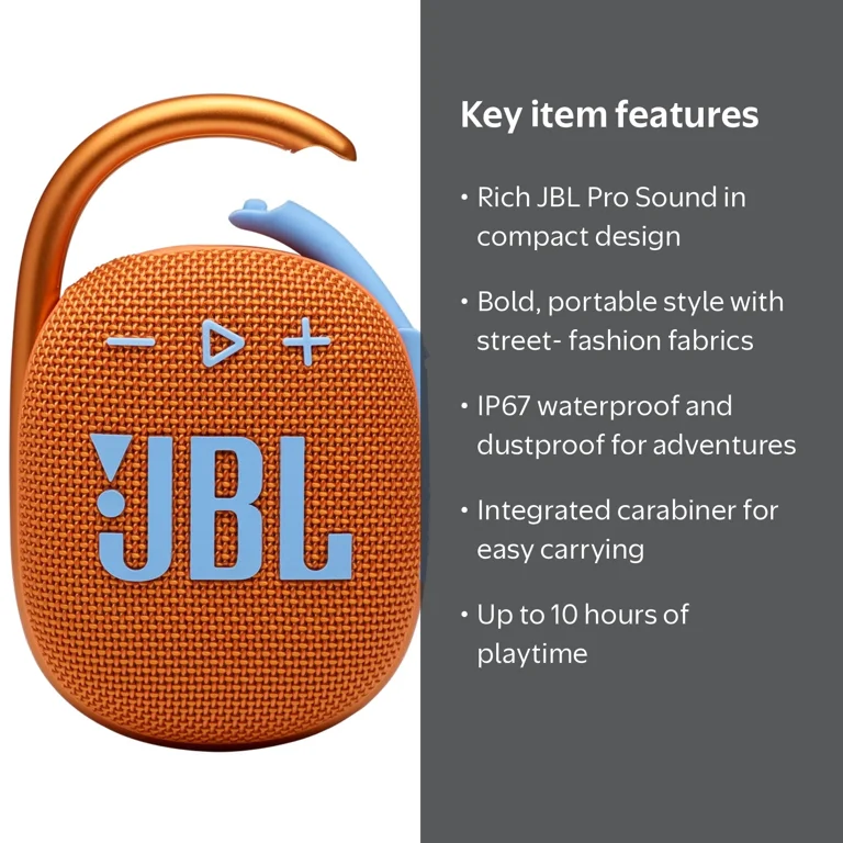 JBL Clip 4 Orange Portable Bluetooth Speaker - Walmart.com