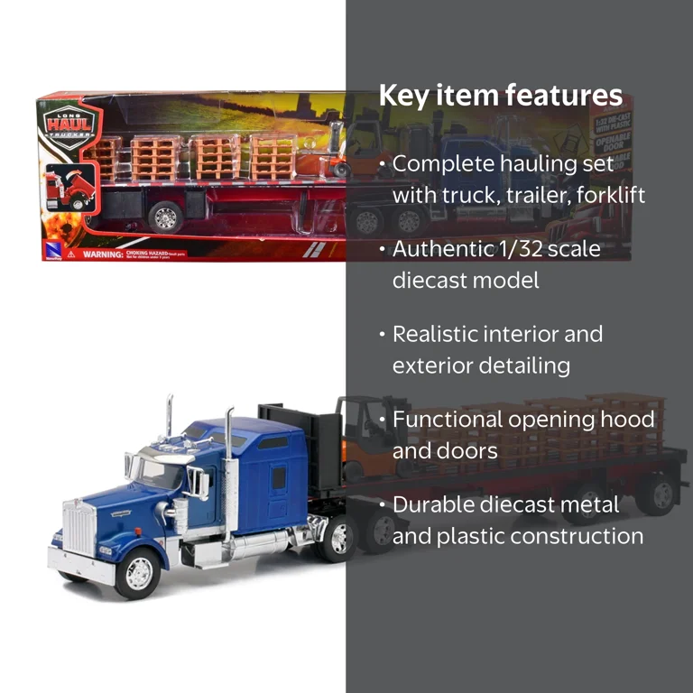 Kenworth W900 Truck with Flatbed Trailer Blue with Forklift and