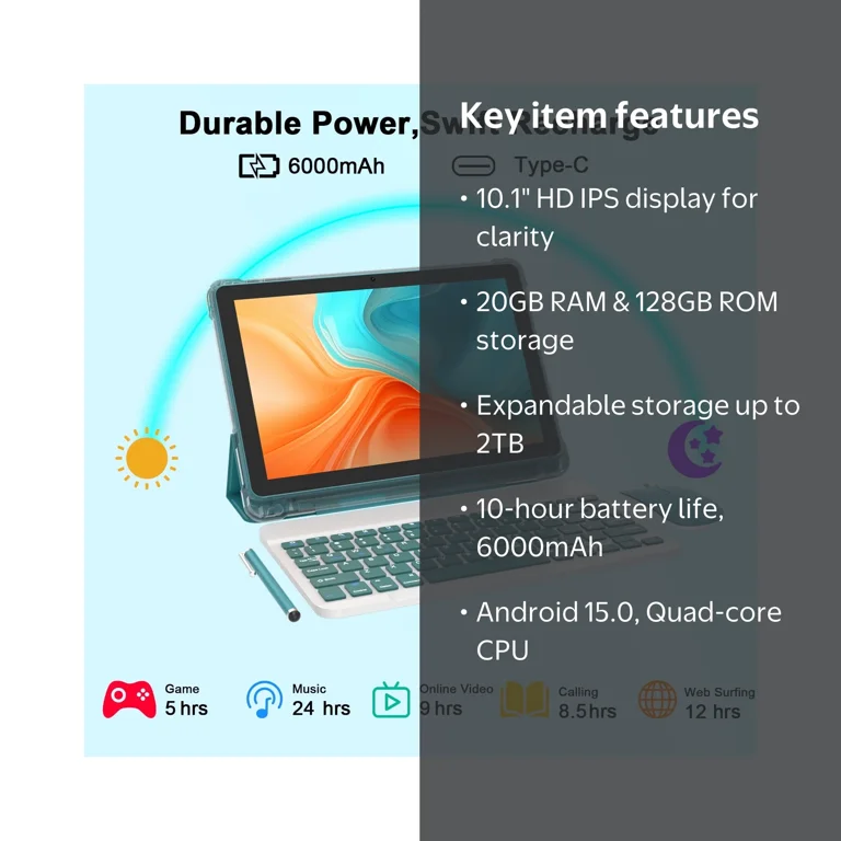 CUPEISI, Android 15 Tablet, 10 Inch 20GB RAM 128GB ROM, 2TB