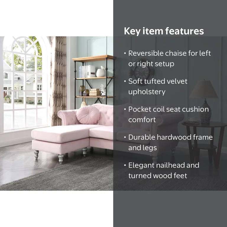 Maykoosh Victorian Elegance Sofa Chaise with Tufted Velvet, Nailhead Trim, Turned Wood Feet, and 2 Throw Pillows, Pink, 81