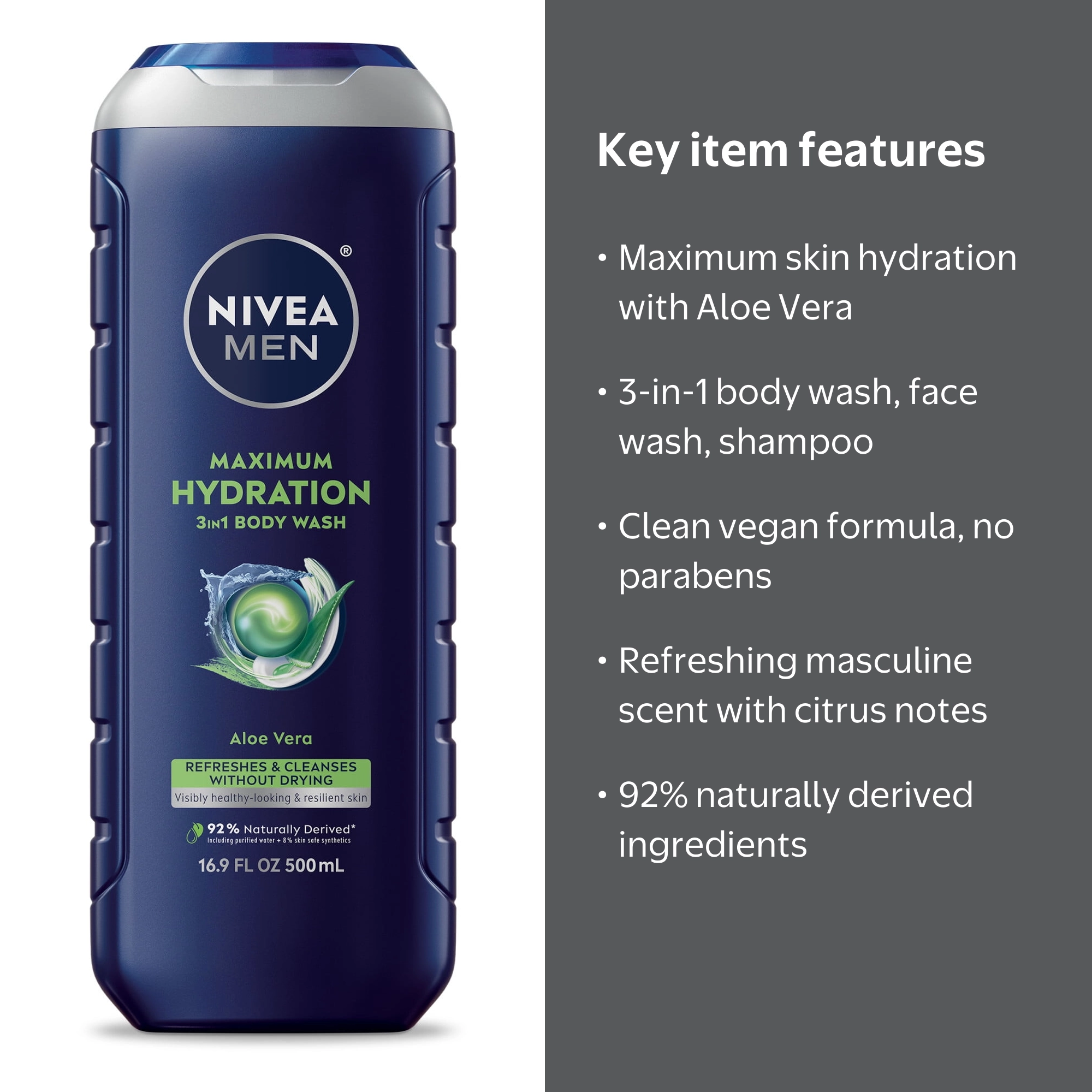 NIVEA MEN Maximum Hydration 3-in-1 Men's Body Wash for Dry Skin with Aloe  Vera, 16.9 fl oz