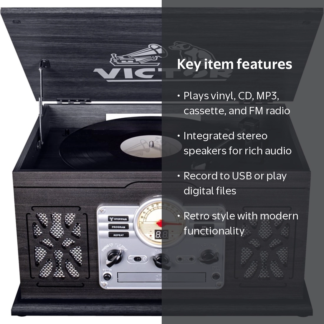 Victor VWRP-3800-GR 7-in-1 Turntable with Bluetooth, CD, cassette