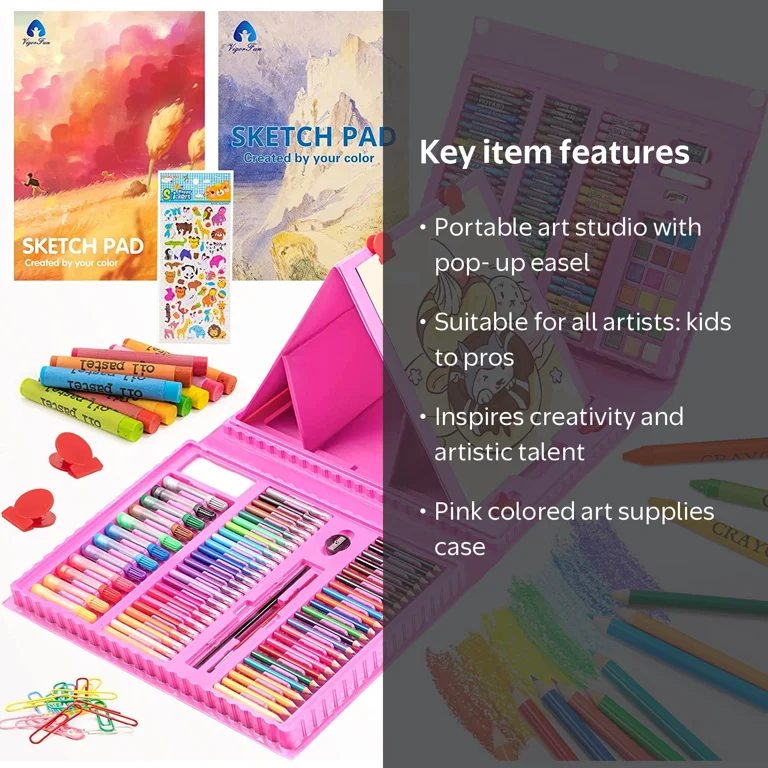 Vigorfun 240-Piece Pink Art Supplies Kit, Sketch Pad, Double-Sided