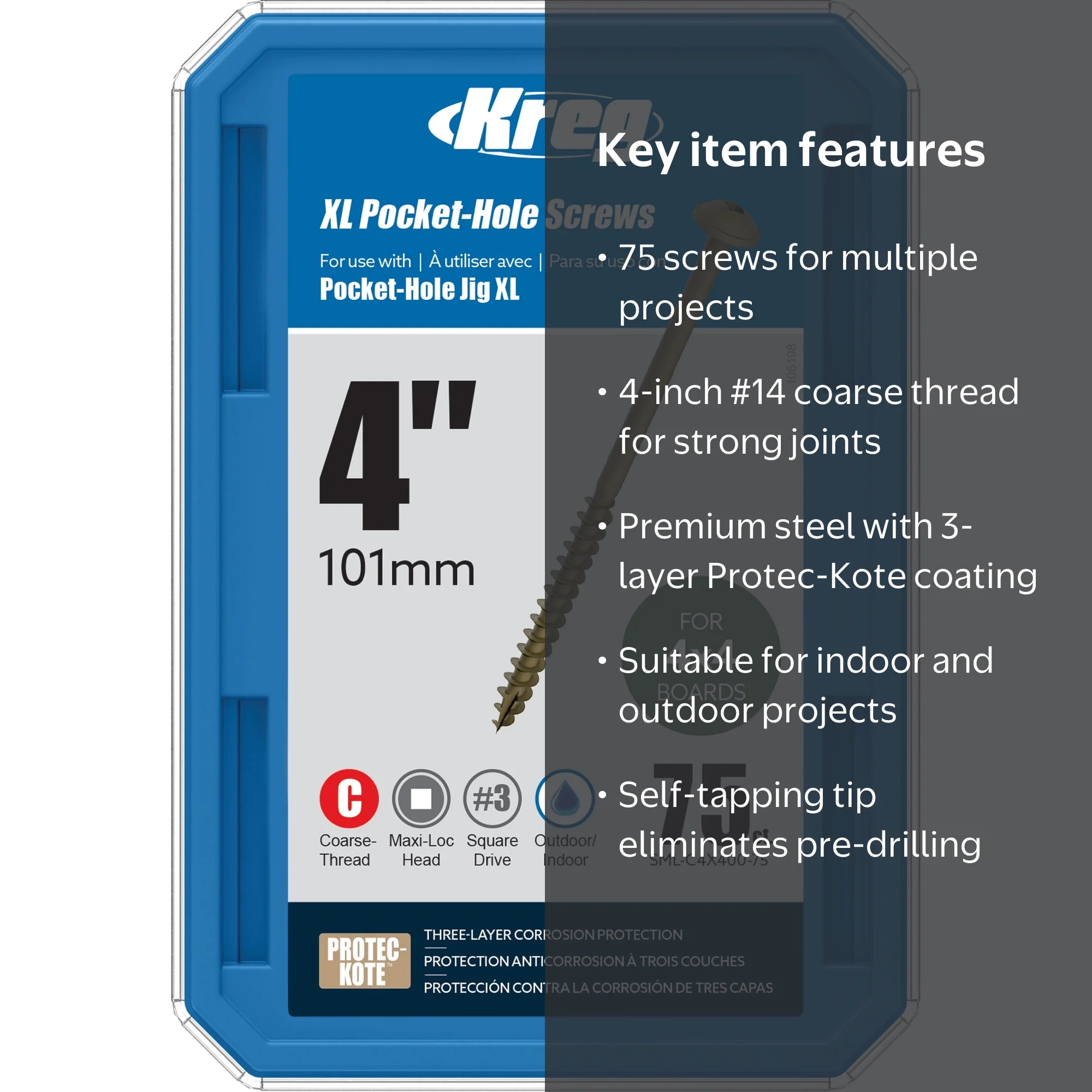 Kreg SML-C4X400-75 XL Pocket Screws, 4 Inch Coarse Thread, 75