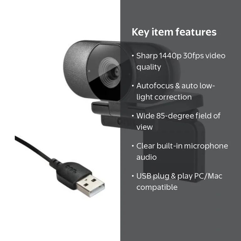 onn. 100028731 Webcam with Autofocus, Up to 1440p Resolution