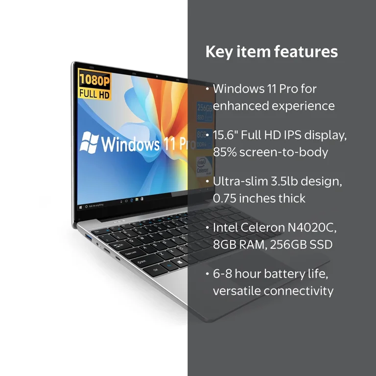 Temlicolo 14.1in Laptop, Windows 11 Pro, 8GB DDR4, 256GB SSD