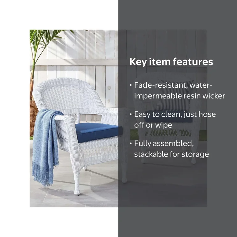 Jeco Stacking Wicker Rattan Chairs Set of 2, Blue Tufted Cushions