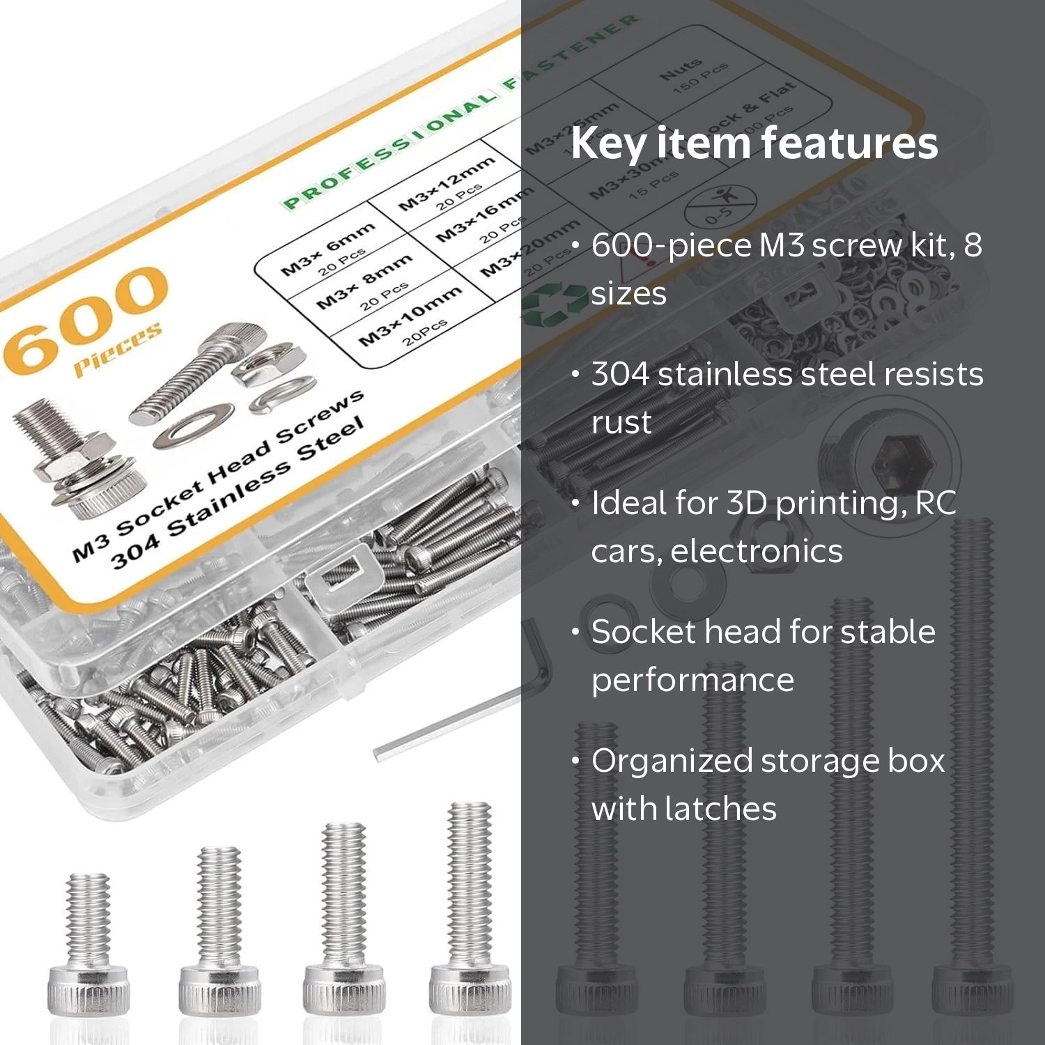 MMIZTFC 600pcs M3 Screw Assortment Kit, M3 x 6/8/10/12/16/20/25