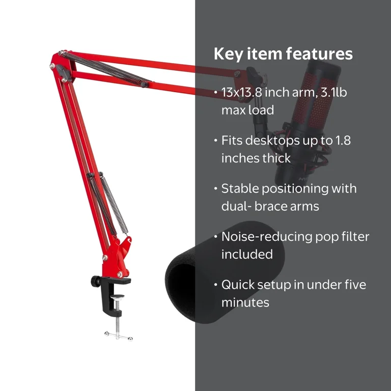SUNMON, Hyper x QuadCast Boom Arm, Red, with Windscreen and