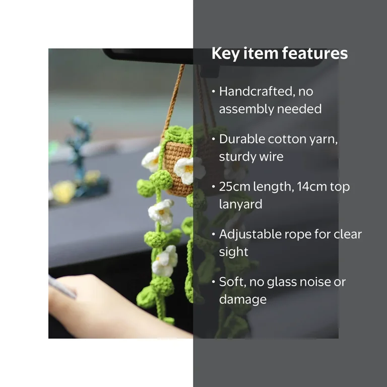 Triani Cute Crochet Hanging Orchid Potted Plants Crochet Car
