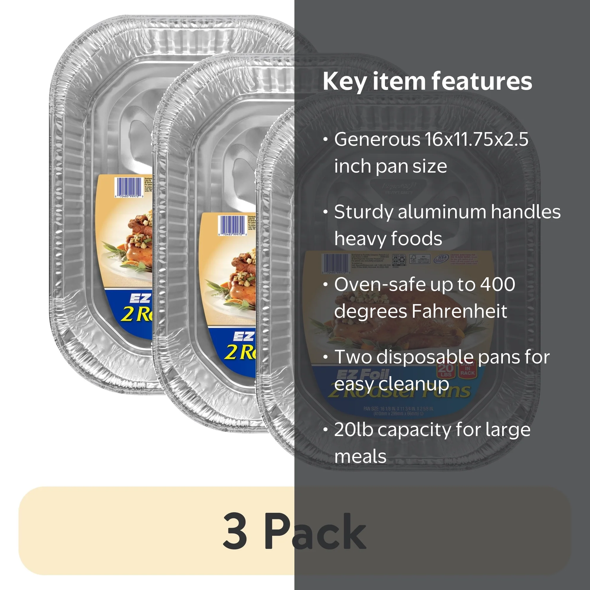 3 pack) EZ Foil 20 LB Disposable Roasting Pans, 16 x 11.75 x 2.5