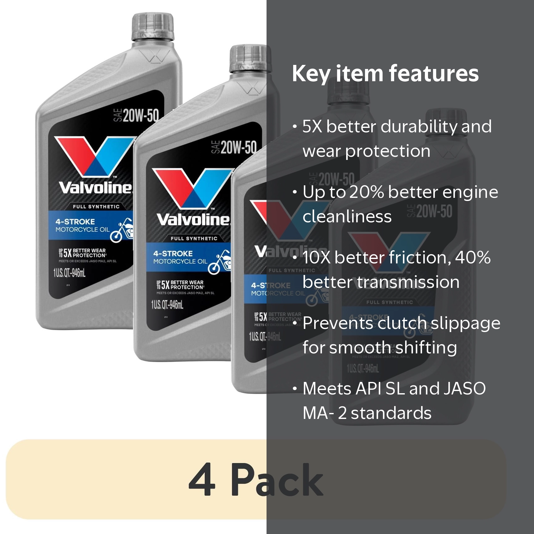 4 pack) Valvoline 4-Stroke Motorcycle Full Synthetic 20W-50 Motor