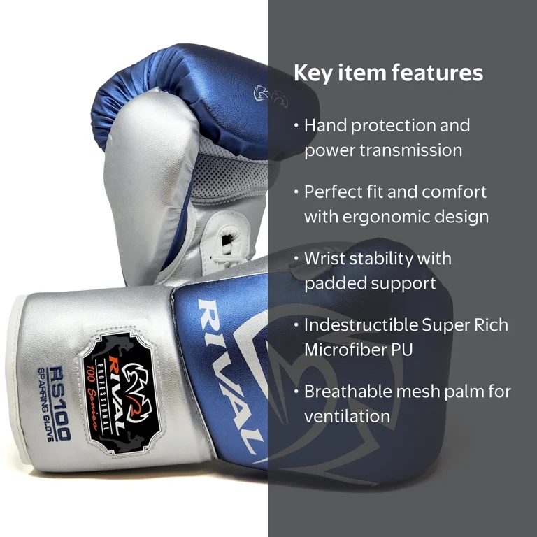 Rival RS100 Pro Sparring Boxing Gloves, 18 oz, Blue, Leather