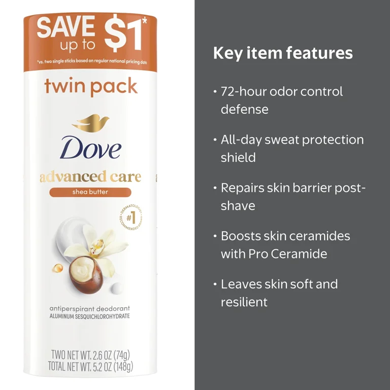 Dove, Antiperspirant Deodorant Stick, Shea Butter, 2.6 oz Twin