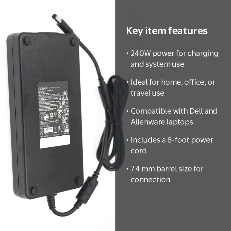 Dell, 240W AC Adapter, bundled with 6 ft power cord, Black