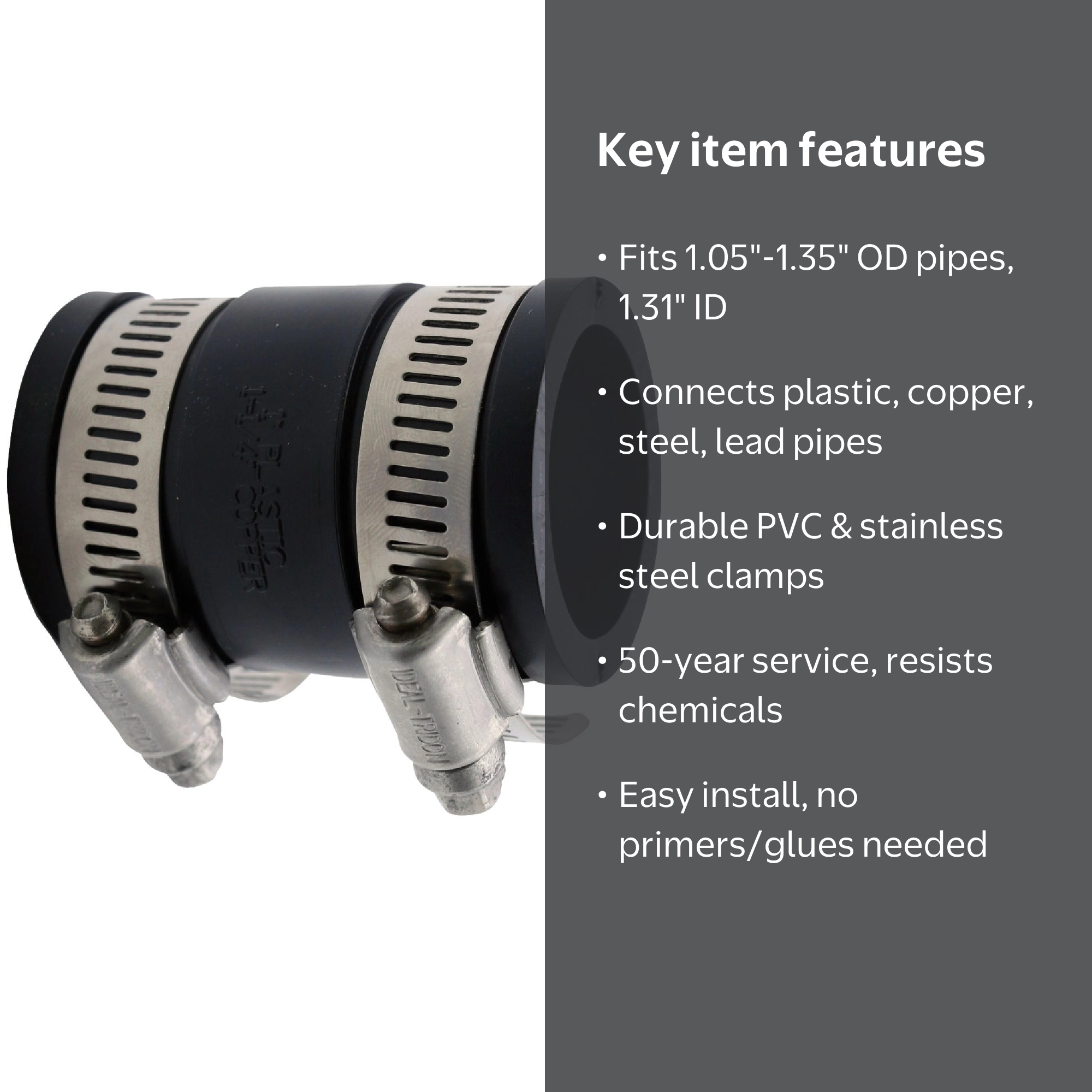 Fernco 1056-100 1-in. Flexible PVC Pipe Coupling for Plastic and