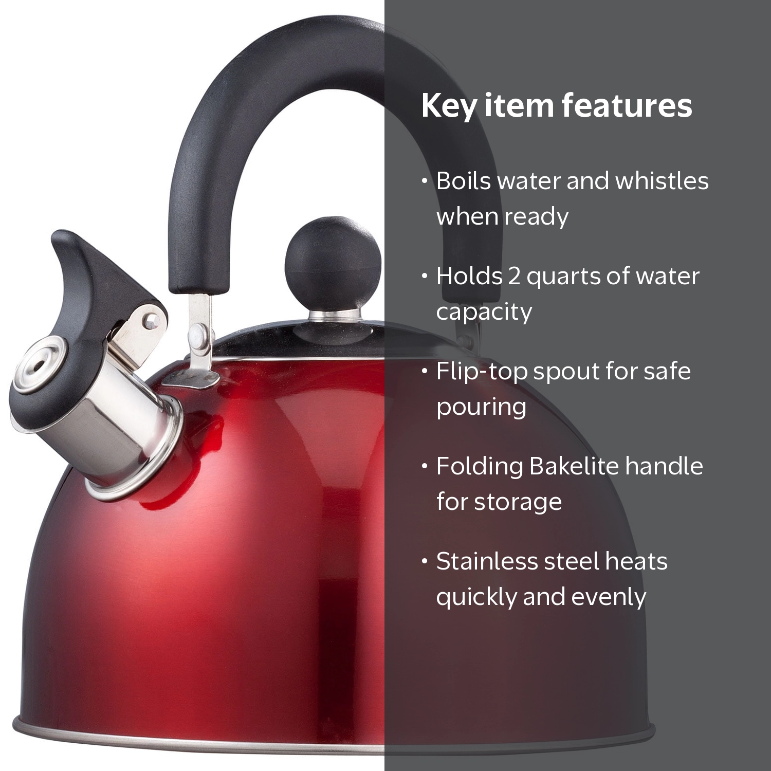 Home-Style KitchenTM Glossy Red Whistling Tea Kettle, Stainless