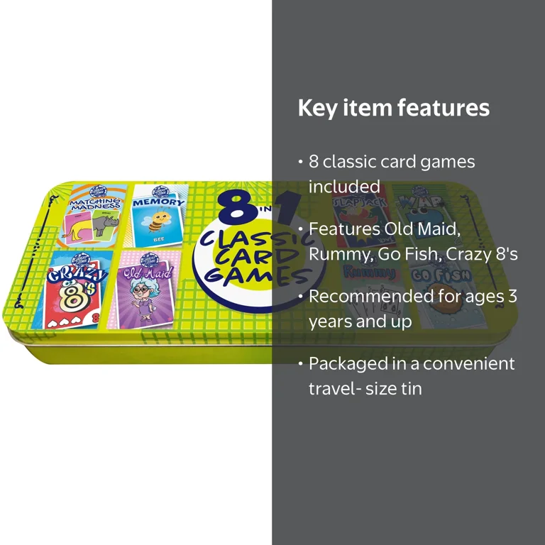 8 in 1 Tin of Kids Classic Card Games Featuring Family Favorites