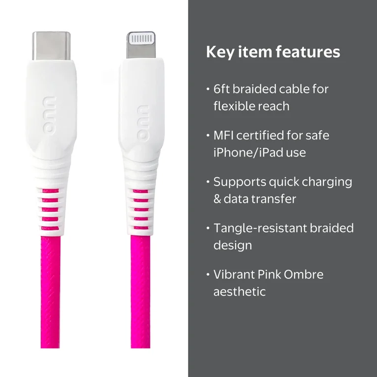 onn 6ft Lighting to USB-C Braided Cable, MFI Certified, Pink Ombre