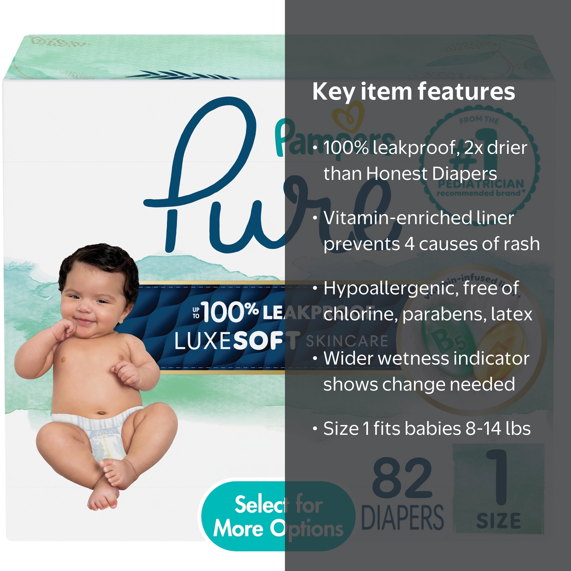 Pampers Pure Baby Diapers, Size 1 (8-14 lbs), 82, Leakproof