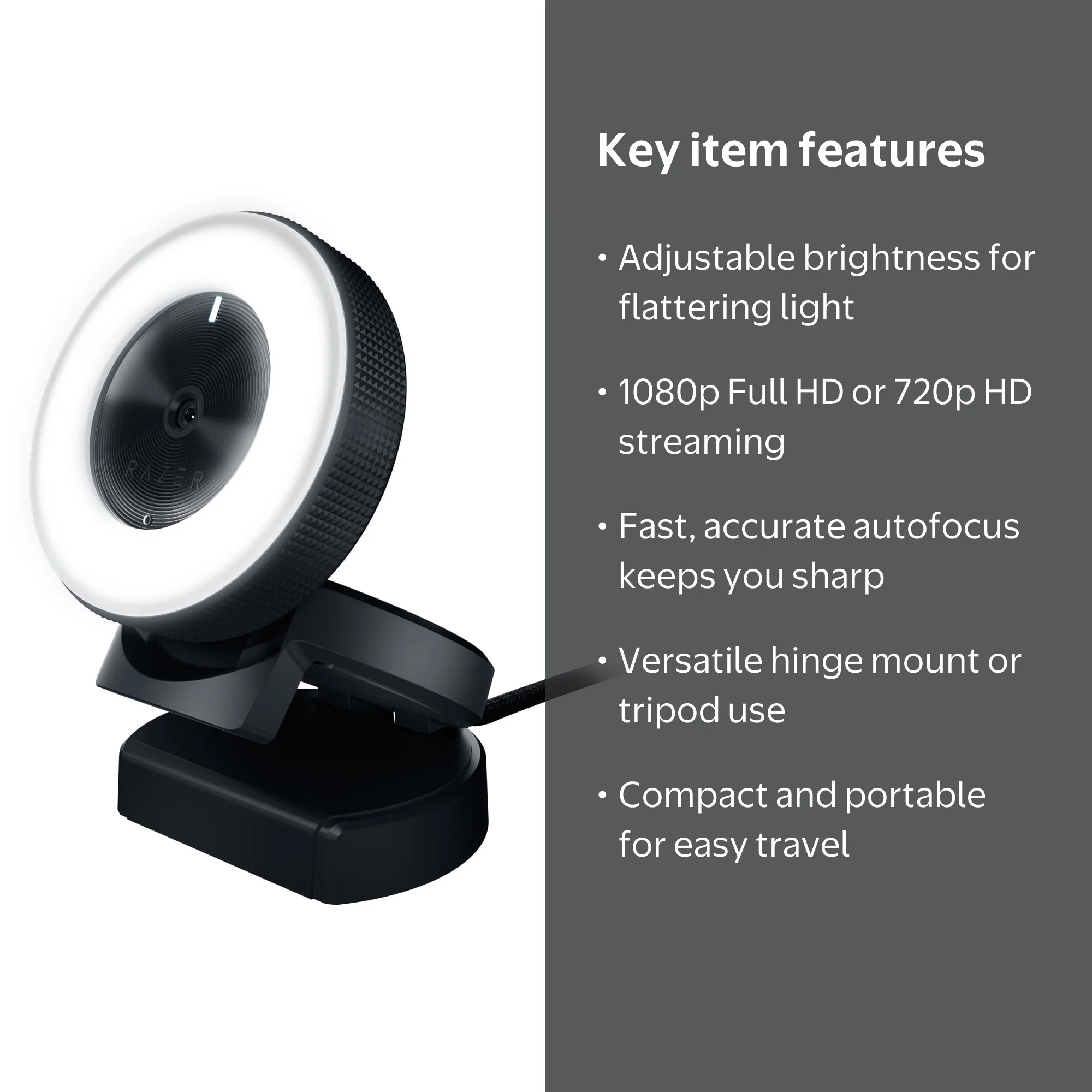 Razer Kiyo Streaming Webcam, Full HD, Auto Focus, Ring Light with
