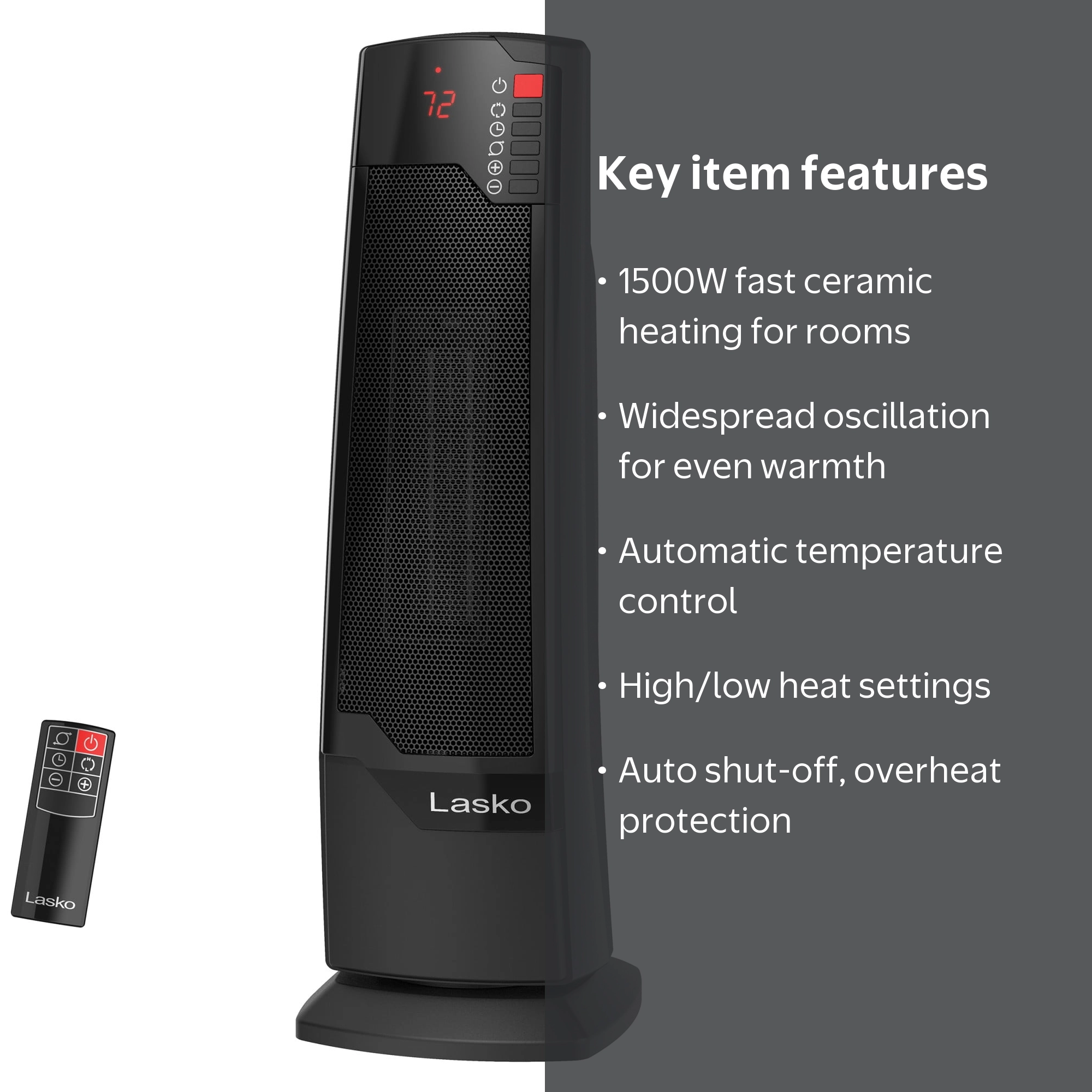 Lasko 1500W Ceramic Tower Heater, Oscillating, Remote Control