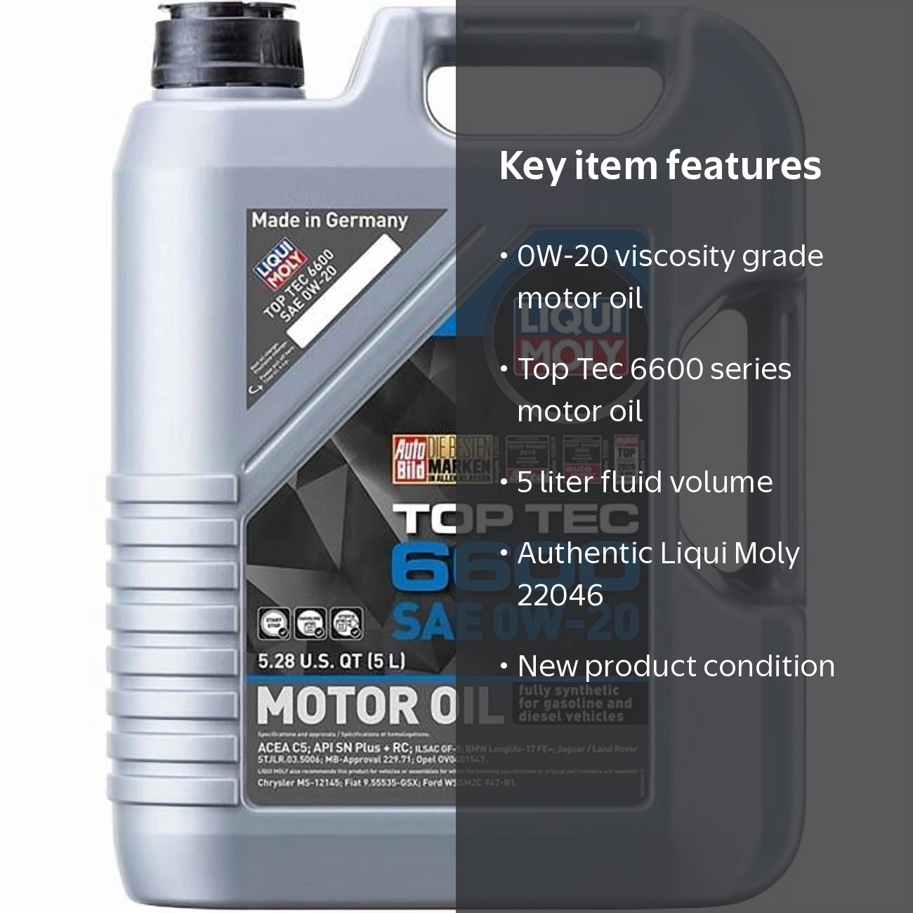 LIQUI MOLY, Motor Oil, 5 L, 0W-20, Top Tec, 6600 - Walmart.com