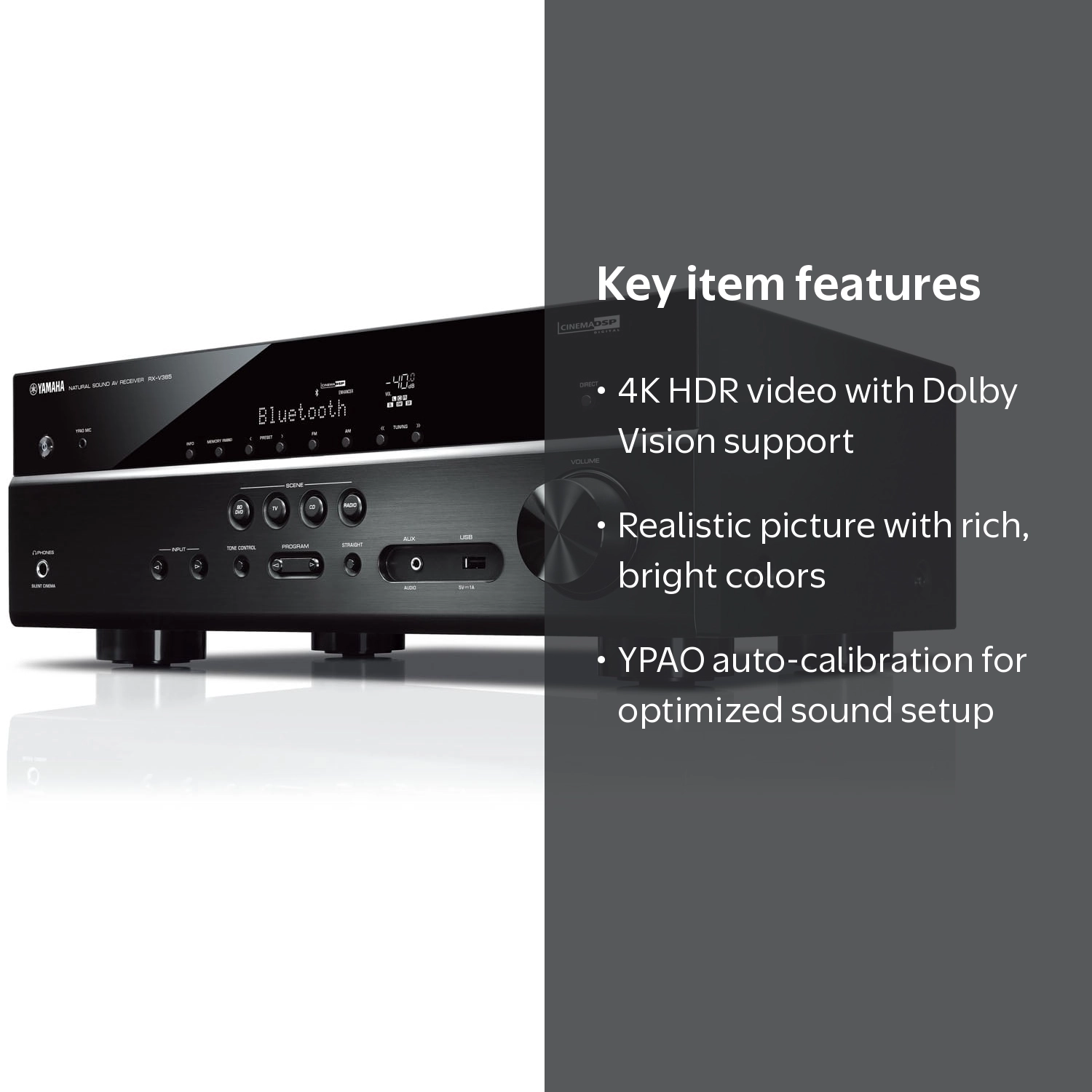 Yamaha, AV Receiver, RX-V385, Black with 4K HDR Pass-Through