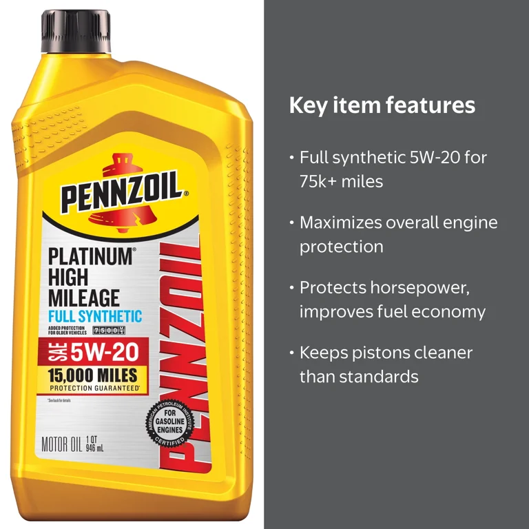 Pennzoil Platinum High Mileage Full Synthetic 5W-20 Motor Oil, 1