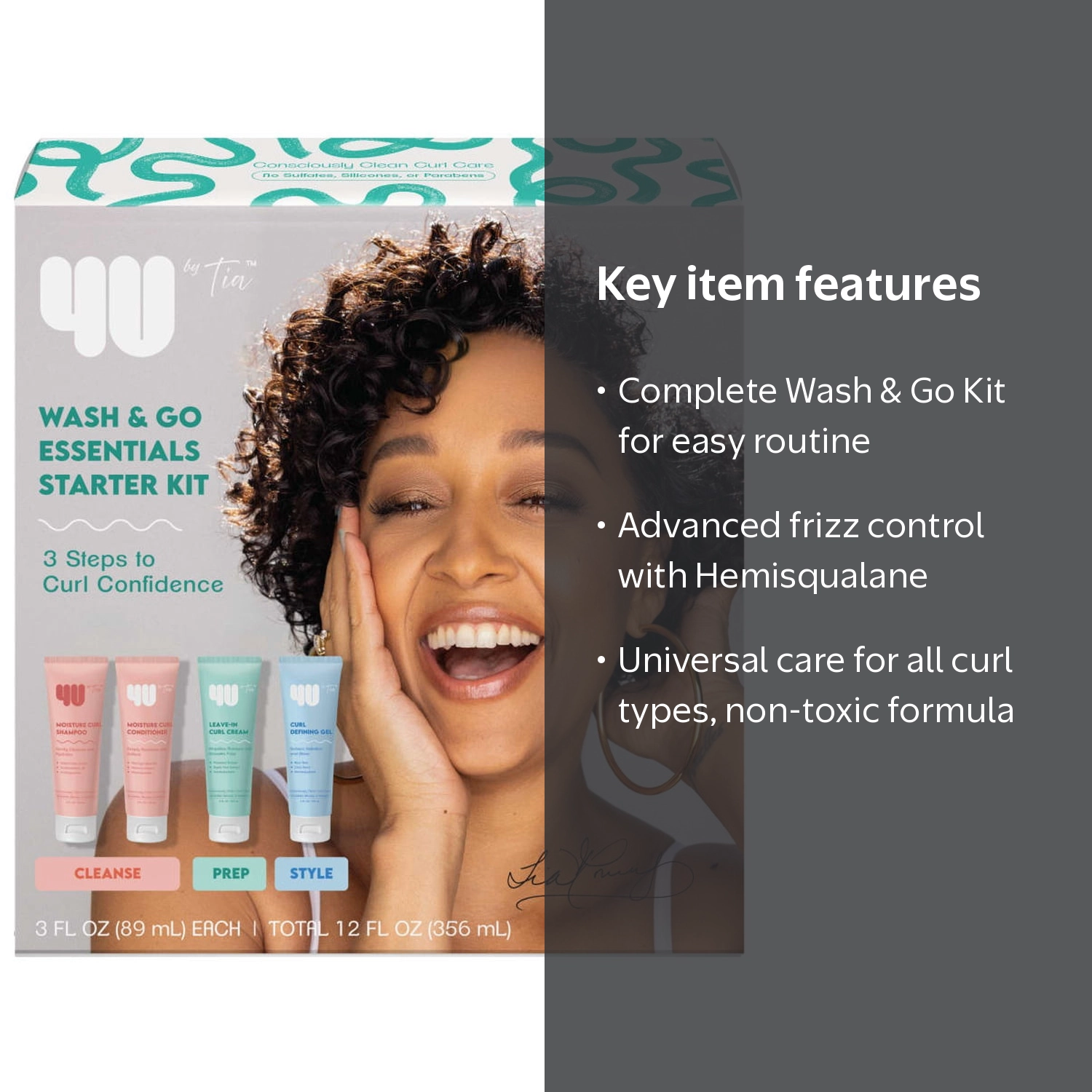 4U By Tia Wash & Go Essentials Starter Kit for Curly Hair, 4 Piece