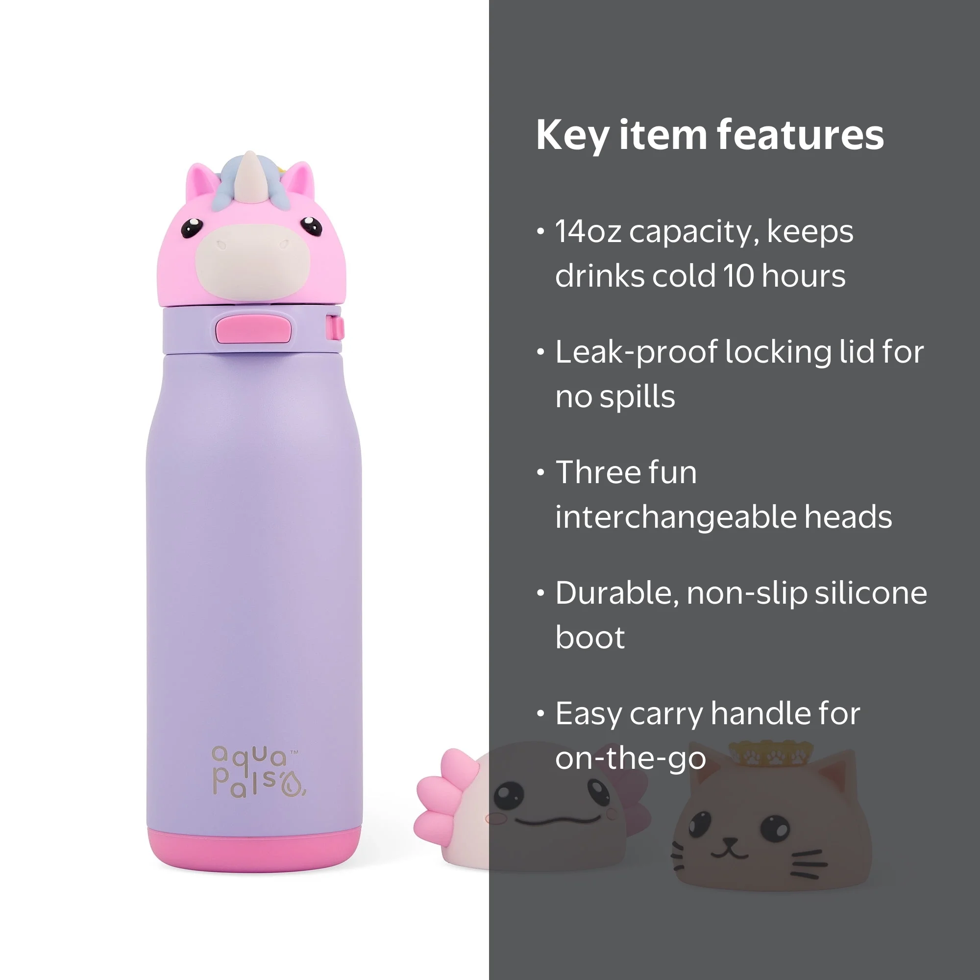 Aqua Pals 14oz Purple Water Bottle with Interchangeable Cat