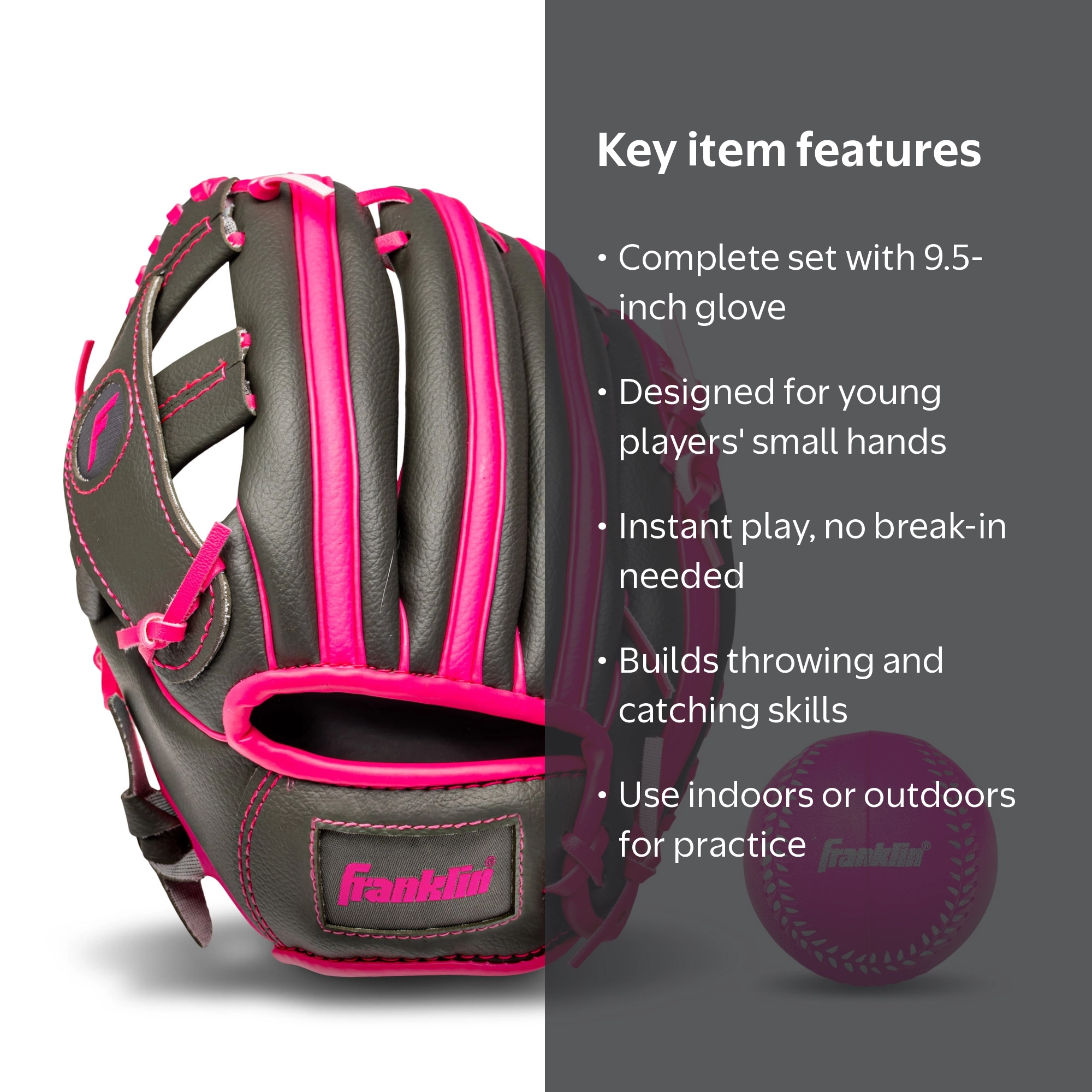 Franklin Sports RTP Kids Teeball Glove + Ball Set, 9.5 in, Pink
