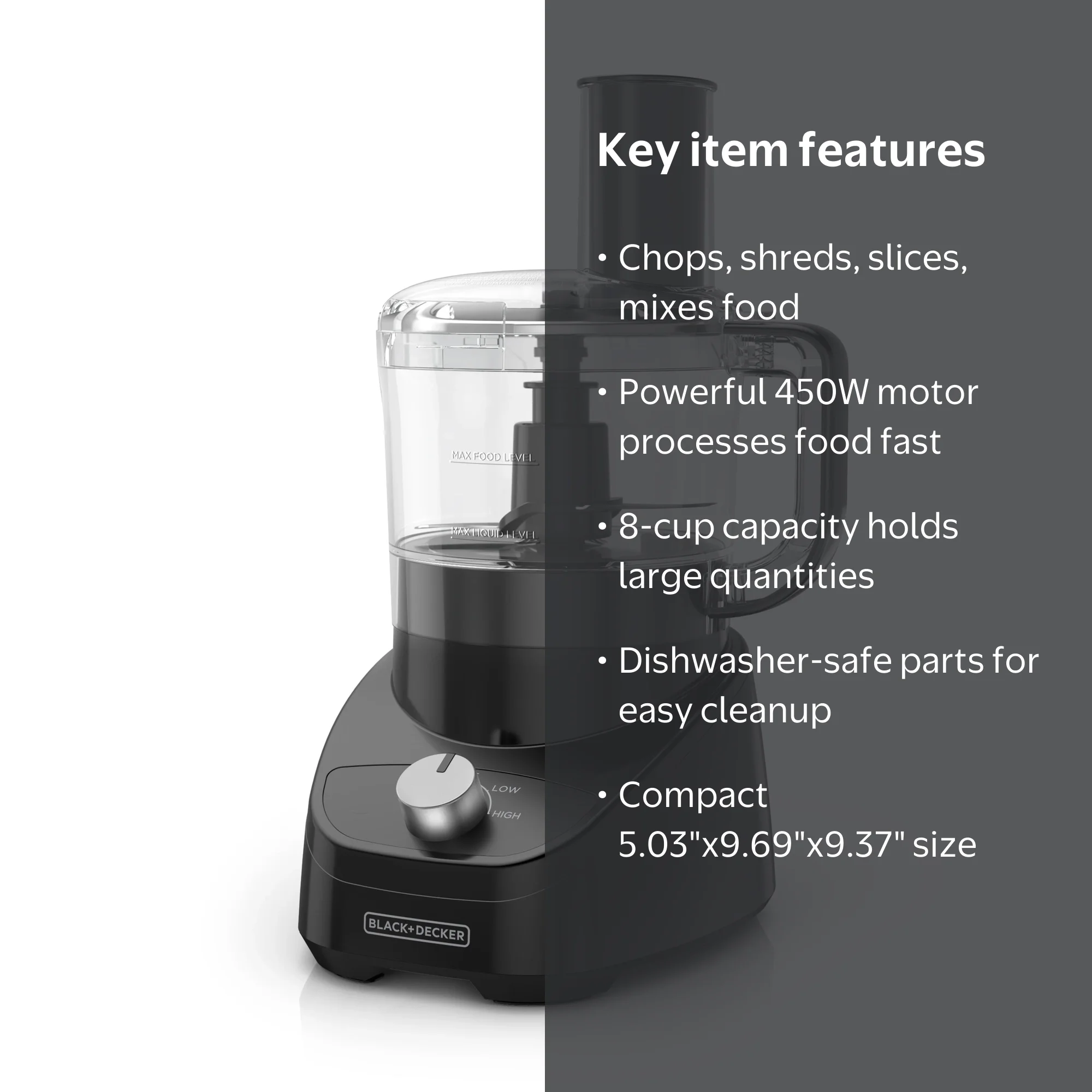 Black+Decker 3-in-1 Easy Assembly 8-Cup Food Processor, Black