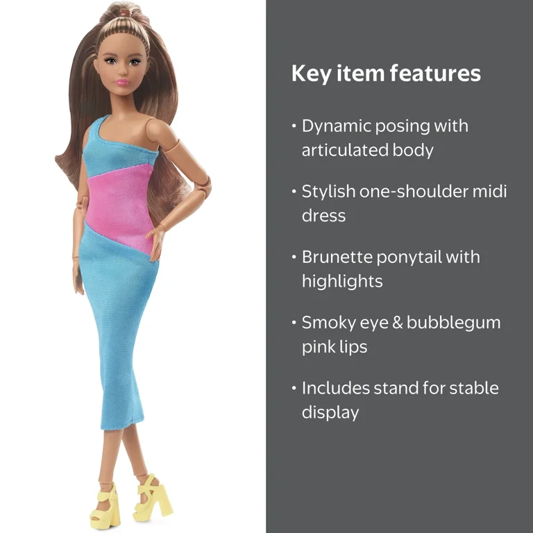 Barbie Looks Movable Doll, Brunette, One-Shoulder Color Block Midi