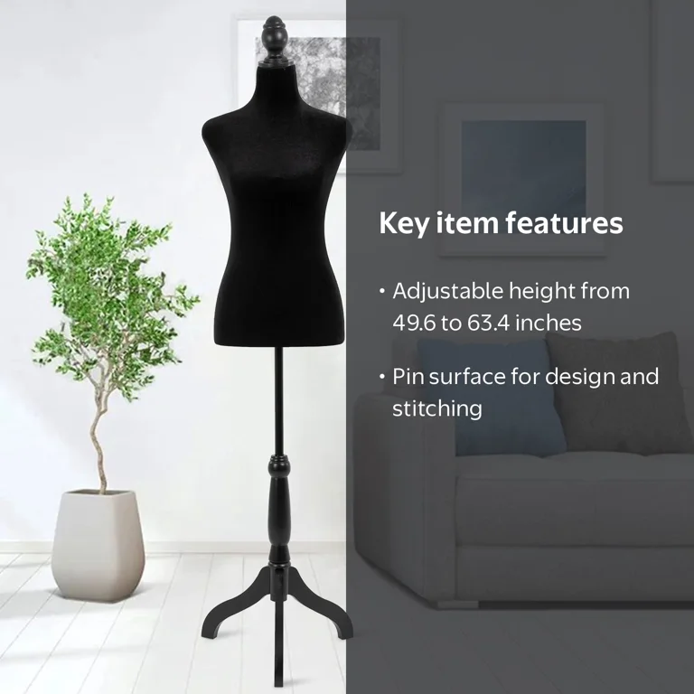Female Mannequin Torso Mannequin Body Dress Form Mannequin Height Adjustable 49.6-63.4 Inch with Wooden Tripod Stand for Window Display Store Dress Jewelry Display Sewing (Black)